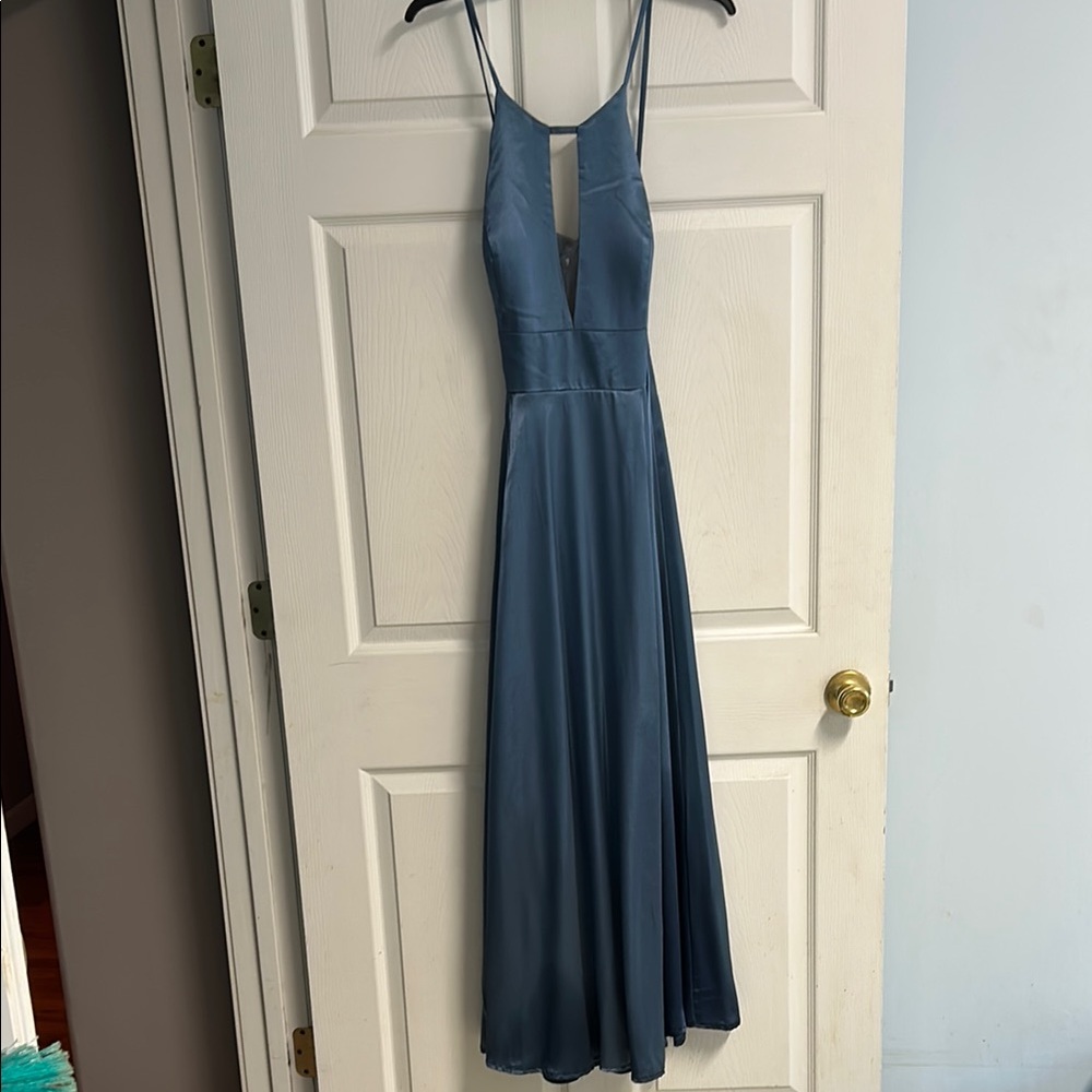Galina Signature Elegant Backless Steel Blue Dress from David’s Bridal - Picture 3 of 17
